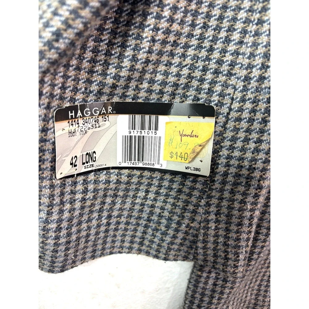 vtg NEW Haggar 42L Gray Blue‎ Houndstooth 100% Silk Blazer Jacket Sport Coat